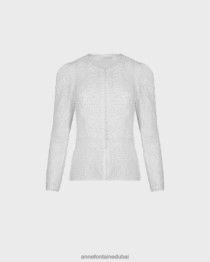 ملابس عبد اللطيف Anne Fontaine نحيف سترة Encrier سترة من القماش الشبكي مع تقليم للرموش أبيض T622DL421