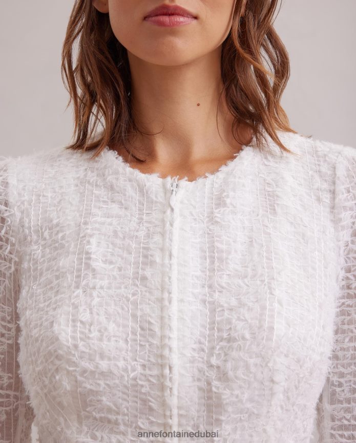 ملابس عبد اللطيف Anne Fontaine نحيف سترة Encrier سترة من القماش الشبكي مع تقليم للرموش أبيض T622DL421