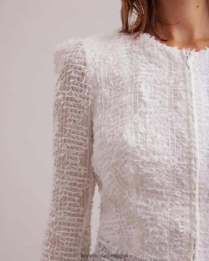 ملابس عبد اللطيف Anne Fontaine نحيف سترة Encrier سترة من القماش الشبكي مع تقليم للرموش أبيض T622DL421