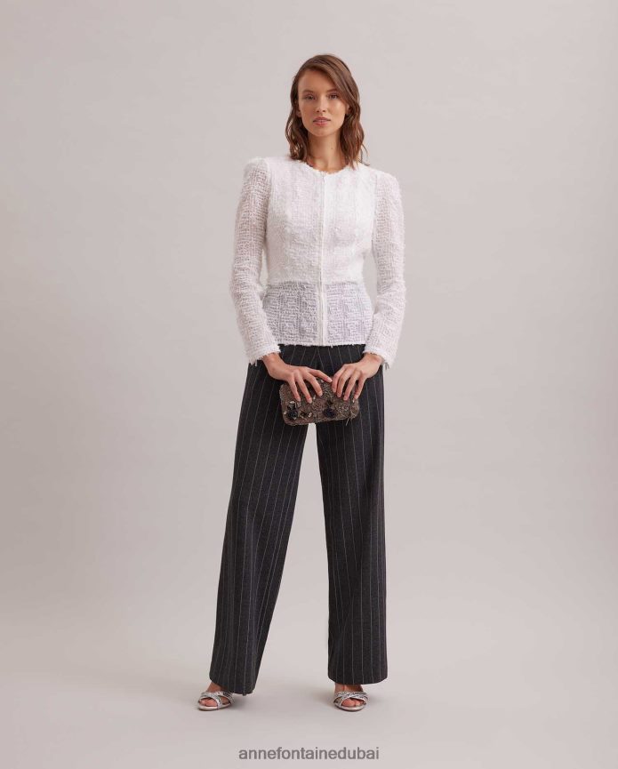 ملابس عبد اللطيف Anne Fontaine نحيف سترة Encrier سترة من القماش الشبكي مع تقليم للرموش أبيض T622DL421