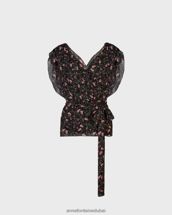 ملابس عبد اللطيف Anne Fontaine نحيف بلوزة Enea بطبعة زهور وأكمام مرفرفة أسود T622DL142