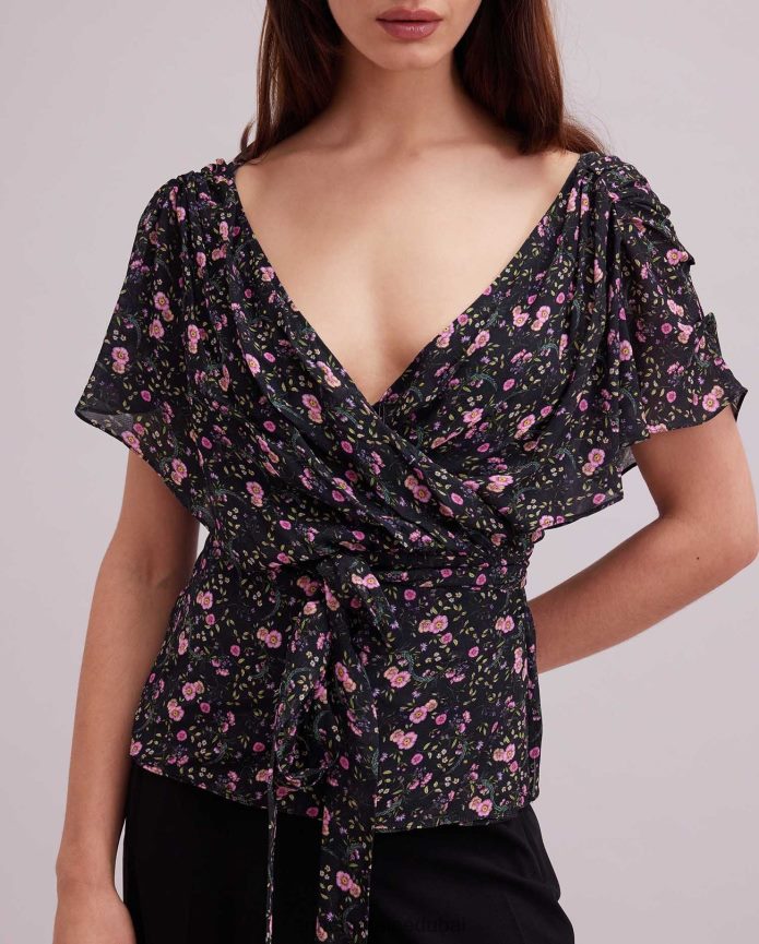 ملابس عبد اللطيف Anne Fontaine نحيف بلوزة Enea بطبعة زهور وأكمام مرفرفة أسود T622DL142