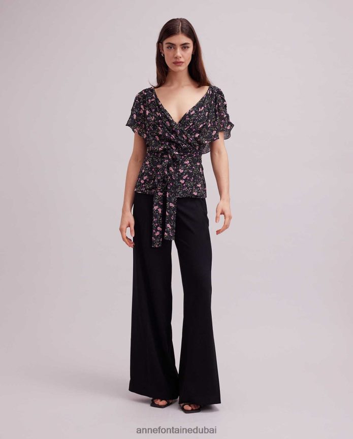 ملابس عبد اللطيف Anne Fontaine نحيف بلوزة Enea بطبعة زهور وأكمام مرفرفة أسود T622DL142