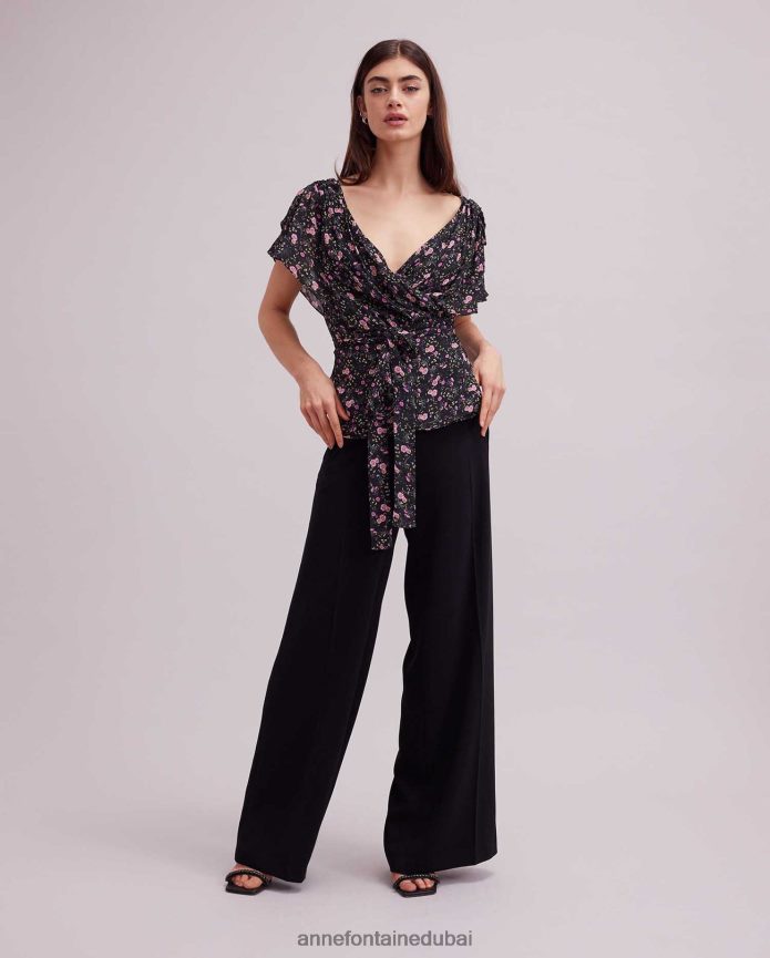 ملابس عبد اللطيف Anne Fontaine نحيف بلوزة Enea بطبعة زهور وأكمام مرفرفة أسود T622DL142