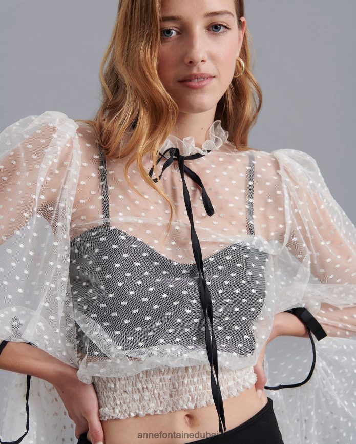 ملابس عبد اللطيف Anne Fontaine نحيف بلوزة Fairlight بلوزة شفافة مع تطريز منقط وأكمام مبالغ فيها أسود/أبيض T622DL227