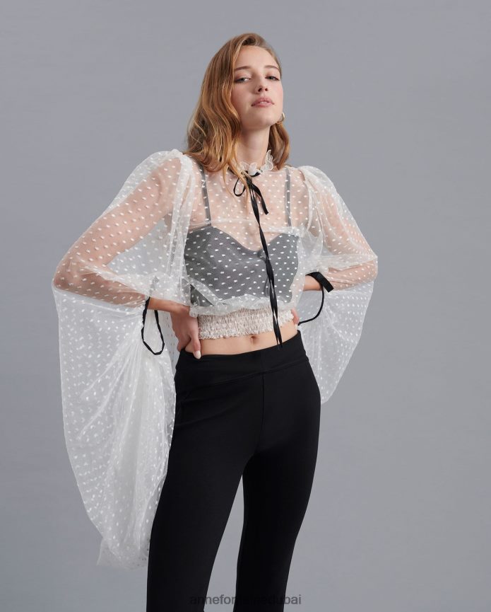 ملابس عبد اللطيف Anne Fontaine نحيف بلوزة Fairlight بلوزة شفافة مع تطريز منقط وأكمام مبالغ فيها أسود/أبيض T622DL227