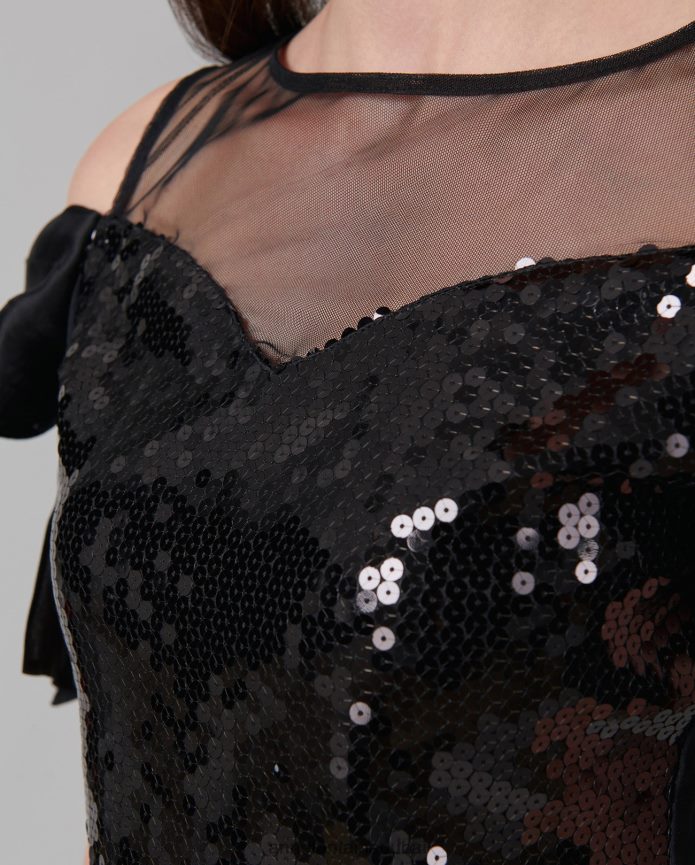 ملابس عبد اللطيف Anne Fontaine نحيف قميص Fasola العلوي مزين بالترتر مع نير شفاف وكتف مفتوح أسود T622DL283