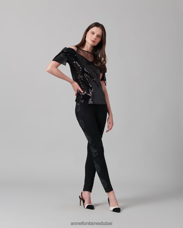 ملابس عبد اللطيف Anne Fontaine نحيف قميص Fasola العلوي مزين بالترتر مع نير شفاف وكتف مفتوح أسود T622DL283