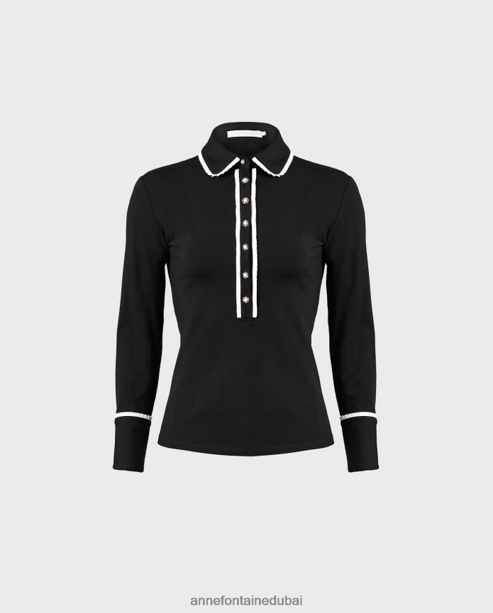 ملابس عبد اللطيف Anne Fontaine نحيف قميص Faustine قميص طويل الأكمام مع حواف مكشكشة وأزرار لؤلؤية أسود/أبيض T622DL223