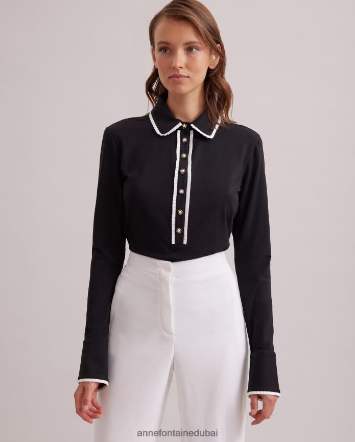 ملابس عبد اللطيف Anne Fontaine نحيف قميص Faustine قميص طويل الأكمام مع حواف مكشكشة وأزرار لؤلؤية أسود/أبيض T622DL223