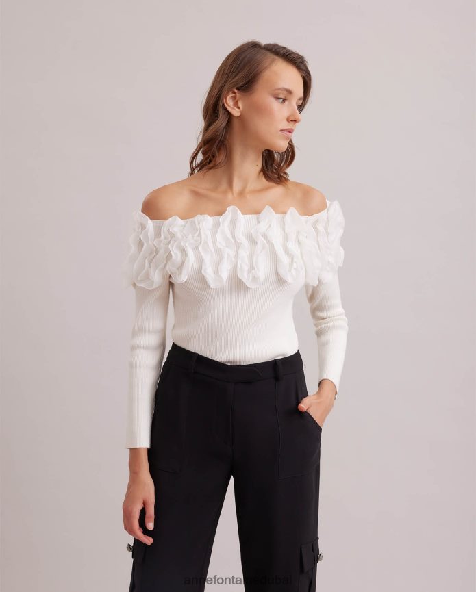 ملابس عبد اللطيف Anne Fontaine نحيف سترة Feda العلوية 3/4 كم متماسكة مع كشكشة أبيض T622DL279