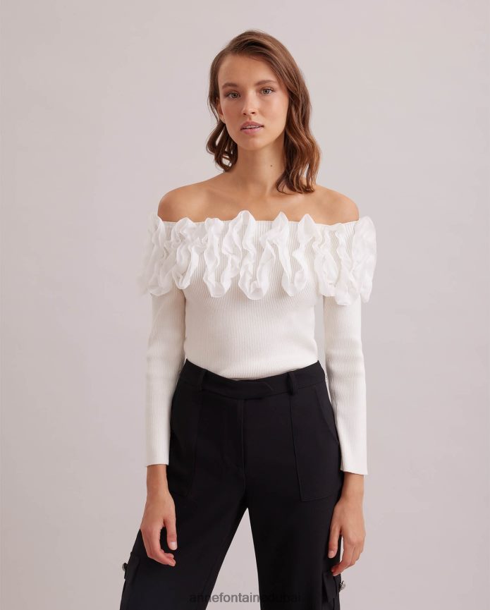 ملابس عبد اللطيف Anne Fontaine نحيف سترة Feda العلوية 3/4 كم متماسكة مع كشكشة أبيض T622DL279
