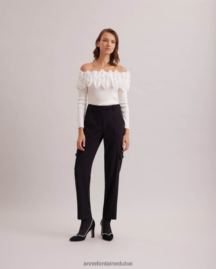 ملابس عبد اللطيف Anne Fontaine نحيف سترة Feda العلوية 3/4 كم متماسكة مع كشكشة أبيض T622DL279