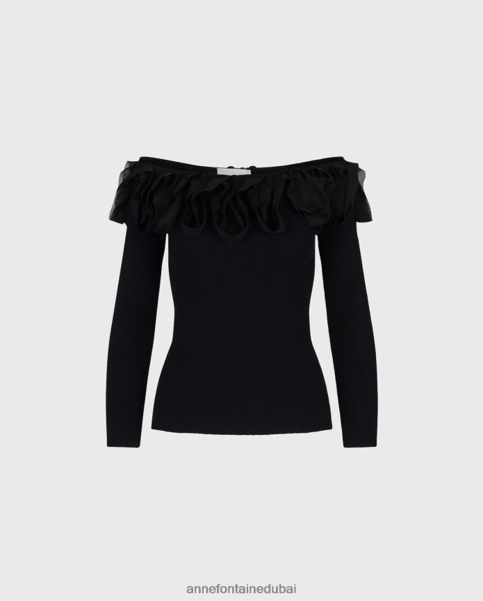 ملابس عبد اللطيف Anne Fontaine نحيف سترة Feda العلوية 3/4 كم متماسكة مع كشكشة أسود T622DL281