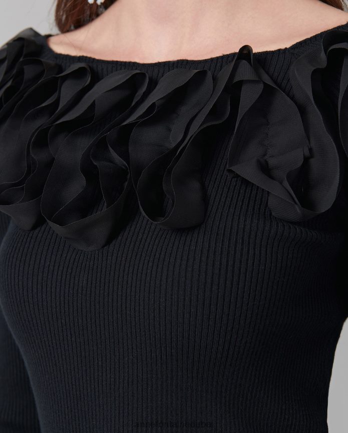 ملابس عبد اللطيف Anne Fontaine نحيف سترة Feda العلوية 3/4 كم متماسكة مع كشكشة أسود T622DL281