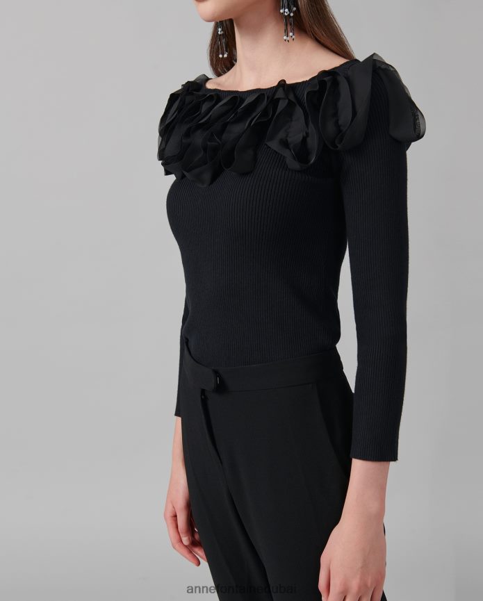 ملابس عبد اللطيف Anne Fontaine نحيف سترة Feda العلوية 3/4 كم متماسكة مع كشكشة أسود T622DL281