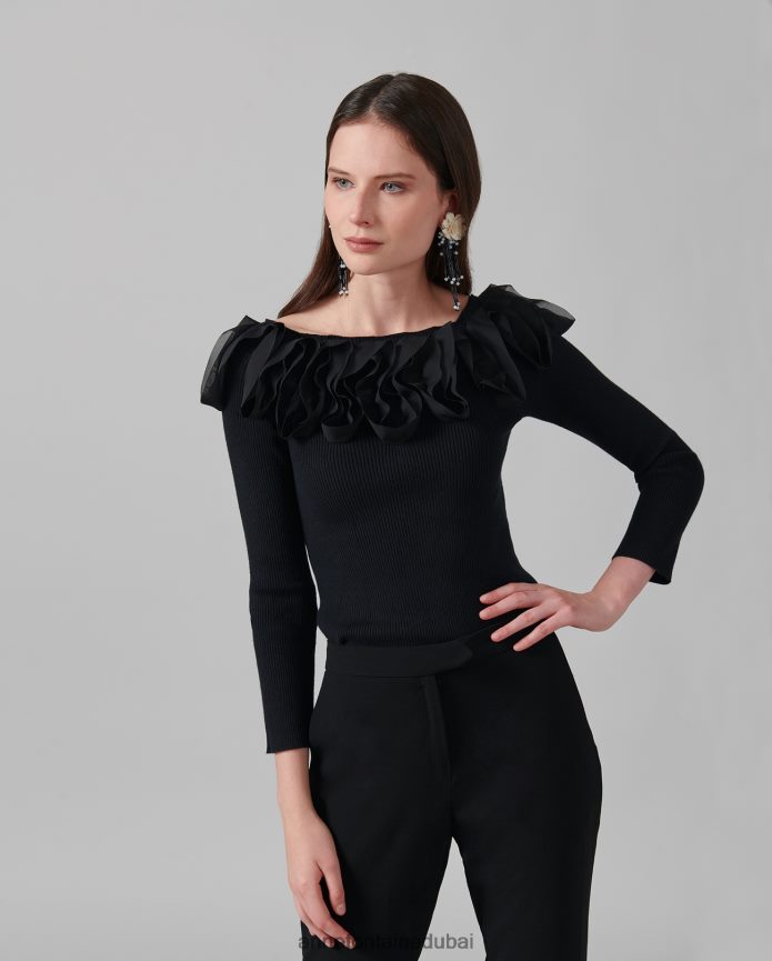 ملابس عبد اللطيف Anne Fontaine نحيف سترة Feda العلوية 3/4 كم متماسكة مع كشكشة أسود T622DL281