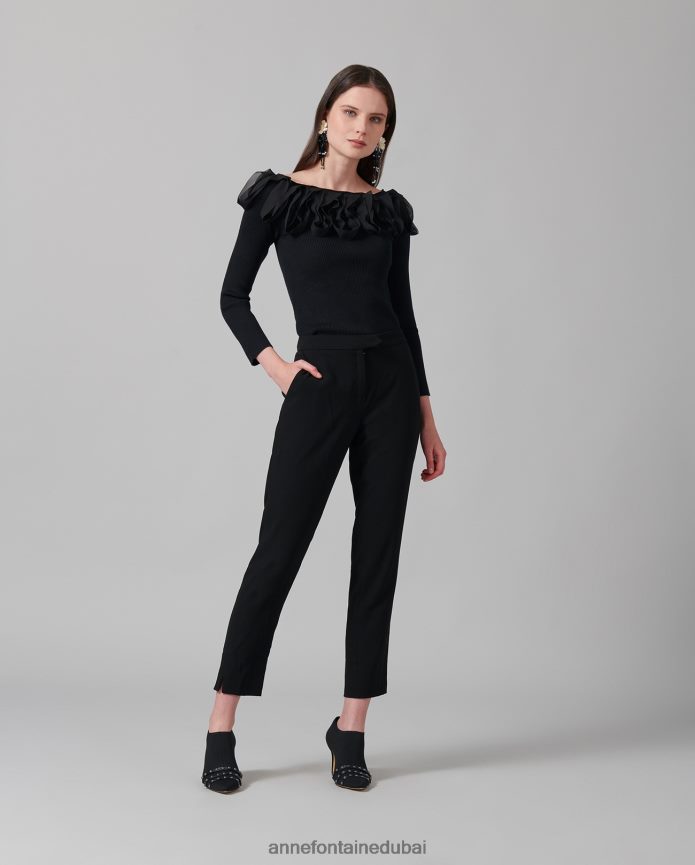 ملابس عبد اللطيف Anne Fontaine نحيف سترة Feda العلوية 3/4 كم متماسكة مع كشكشة أسود T622DL281