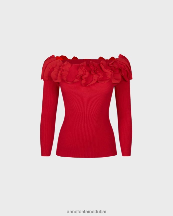 ملابس عبد اللطيف Anne Fontaine نحيف سترة Feda بأكمام طويلة متماسكة مع كشكشة مزخرفة أحمر T622DL280