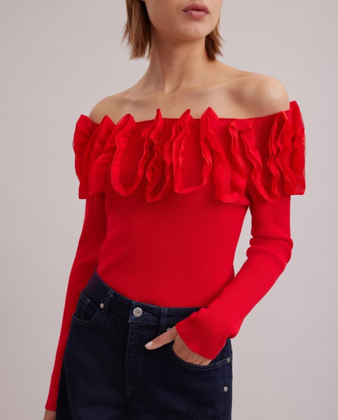 ملابس عبد اللطيف Anne Fontaine نحيف سترة Feda بأكمام طويلة متماسكة مع كشكشة مزخرفة أحمر T622DL280