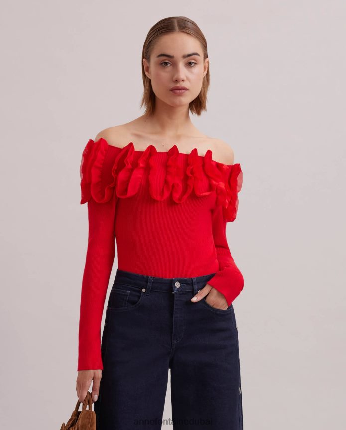 ملابس عبد اللطيف Anne Fontaine نحيف سترة Feda بأكمام طويلة متماسكة مع كشكشة مزخرفة أحمر T622DL280