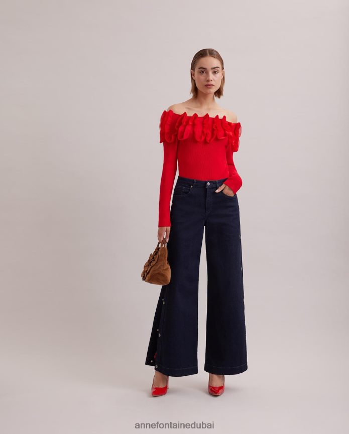 ملابس عبد اللطيف Anne Fontaine نحيف سترة Feda بأكمام طويلة متماسكة مع كشكشة مزخرفة أحمر T622DL280