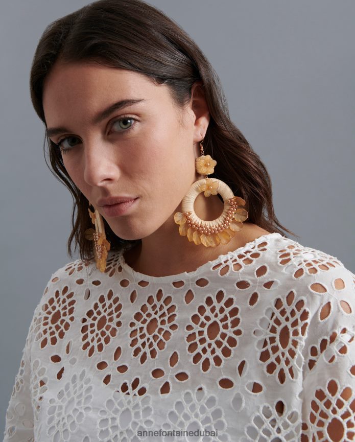 مُكَمِّلات عبد اللطيف Anne Fontaine نحيف حلق Gaizka أقراط دائرية من الرافيا بتصميم زهور اللون البيج T622DL603