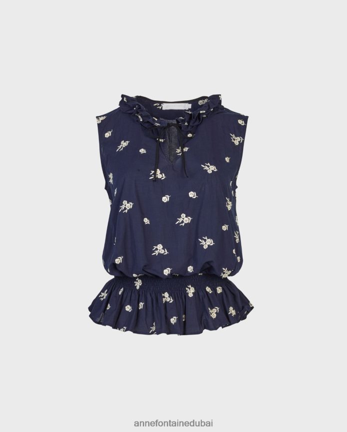 ملابس عبد اللطيف Anne Fontaine نحيف بلوزة من Galloise بدون أكمام مكشكشة ورقبة وهمية مع تطريز زهور بالكامل البحرية / الأبيض T622DL244