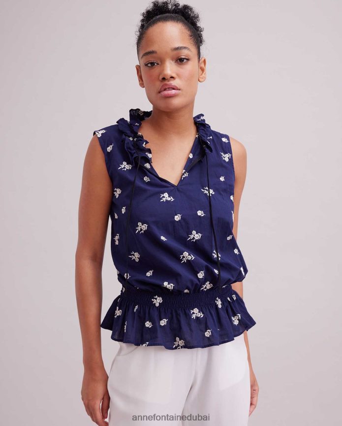 ملابس عبد اللطيف Anne Fontaine نحيف بلوزة من Galloise بدون أكمام مكشكشة ورقبة وهمية مع تطريز زهور بالكامل البحرية / الأبيض T622DL244