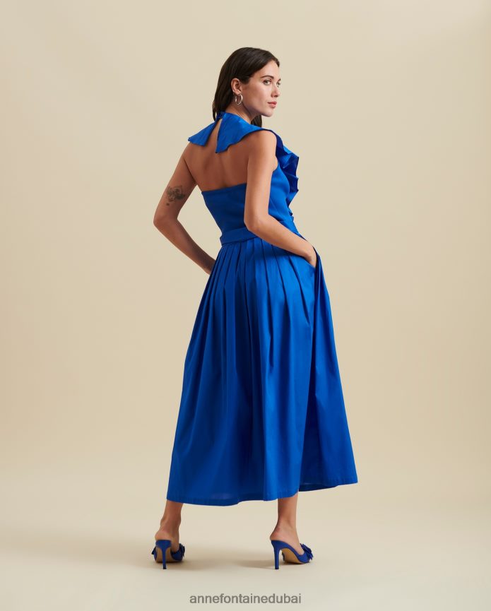 ملابس عبد اللطيف Anne Fontaine نحيف فستان Hendaye فستان طويل بنمط رسن مع طيات وتفاصيل مكشكشة أزرق T622DL86