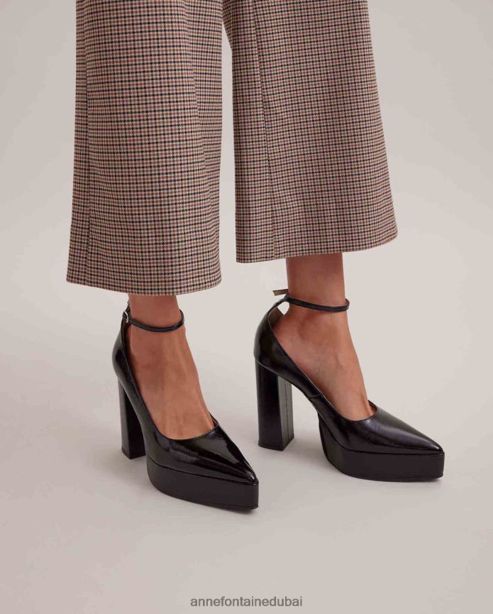 أحذية عبد اللطيف Anne Fontaine نحيف حذاء Idylle مصنوع من الجلد اللامع بكعب مكدس أسود T622DL57