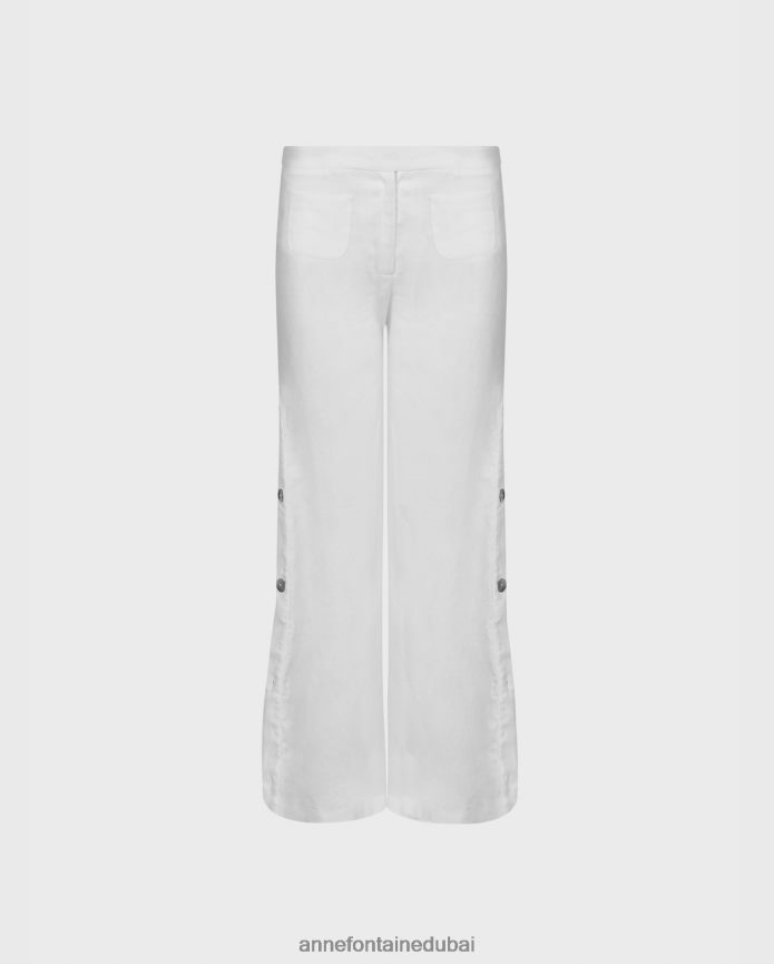 ملابس عبد اللطيف Anne Fontaine نحيف بنطلون Ilargi واسع الساق وخصر عالٍ مع فتحة فتحة أزرار جانبية أبيض T622DL343