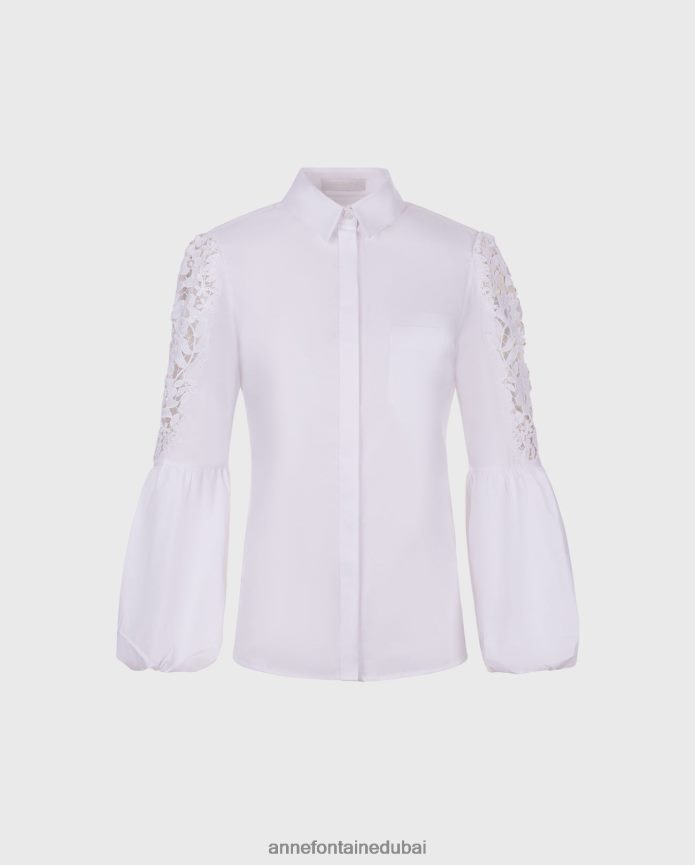 ملابس عبد اللطيف Anne Fontaine نحيف قميص Laora قميص بأكمام بالون مع تطريز زهور معقد أبيض T622DL182