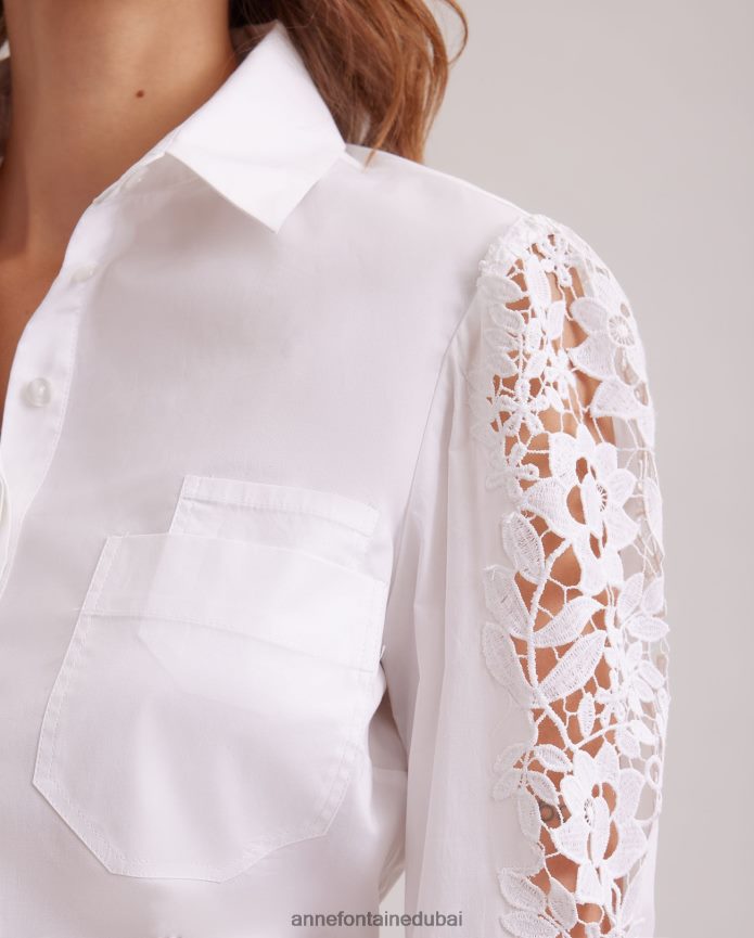 ملابس عبد اللطيف Anne Fontaine نحيف قميص Laora قميص بأكمام بالون مع تطريز زهور معقد أبيض T622DL182