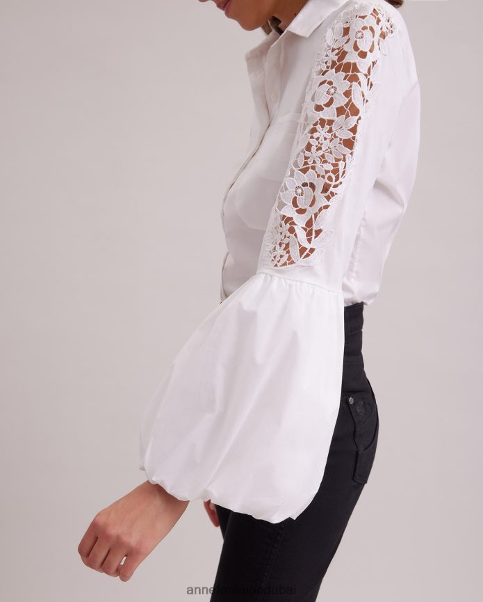 ملابس عبد اللطيف Anne Fontaine نحيف قميص Laora قميص بأكمام بالون مع تطريز زهور معقد أبيض T622DL182