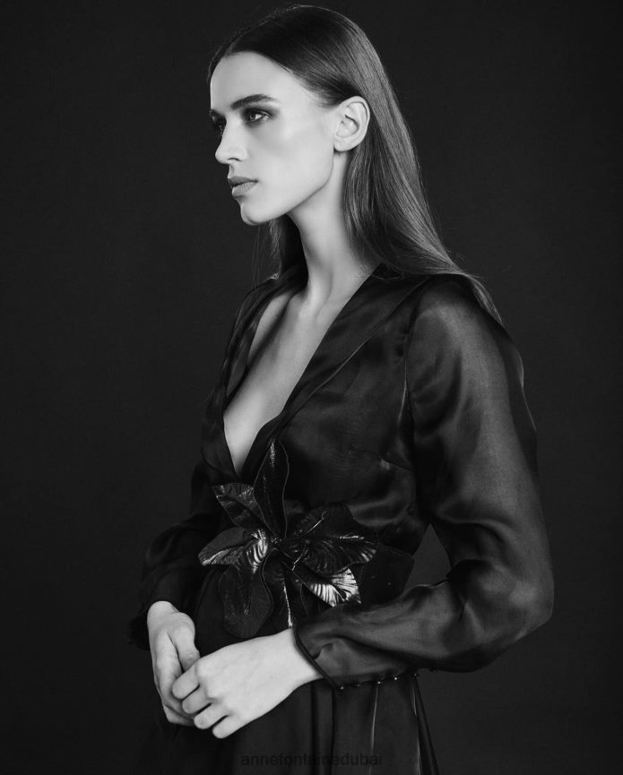 ملابس عبد اللطيف Anne Fontaine نحيف سترة سهرة بفستان Lidoran مقطوعة من الأورجانزا الحريري الشفاف أسود T622DL91