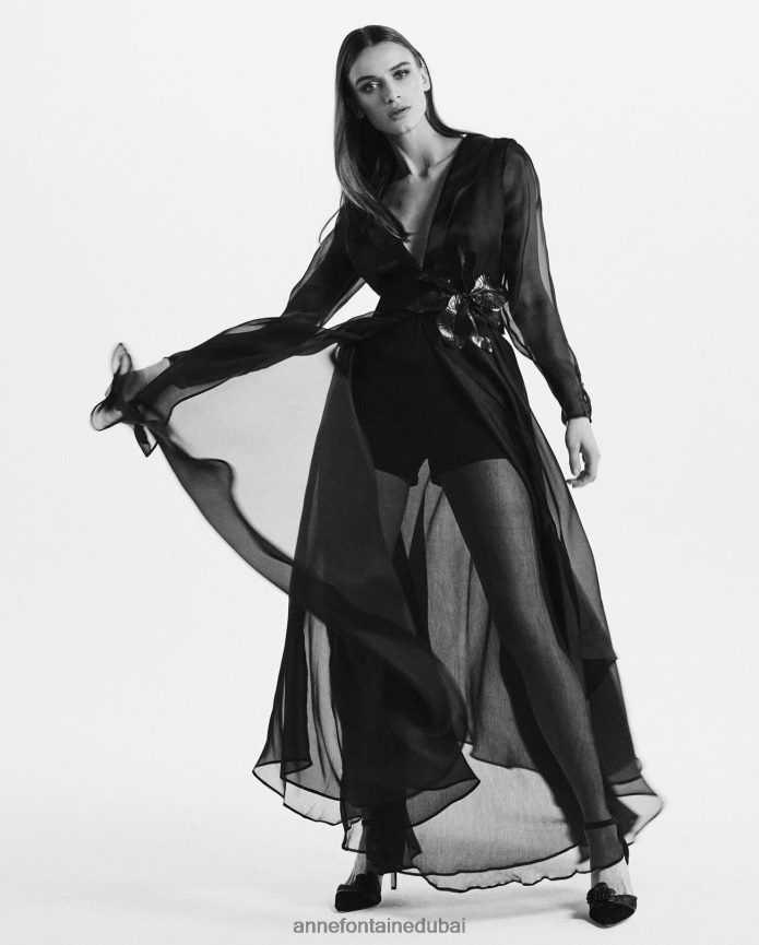 ملابس عبد اللطيف Anne Fontaine نحيف سترة سهرة بفستان Lidoran مقطوعة من الأورجانزا الحريري الشفاف أسود T622DL91