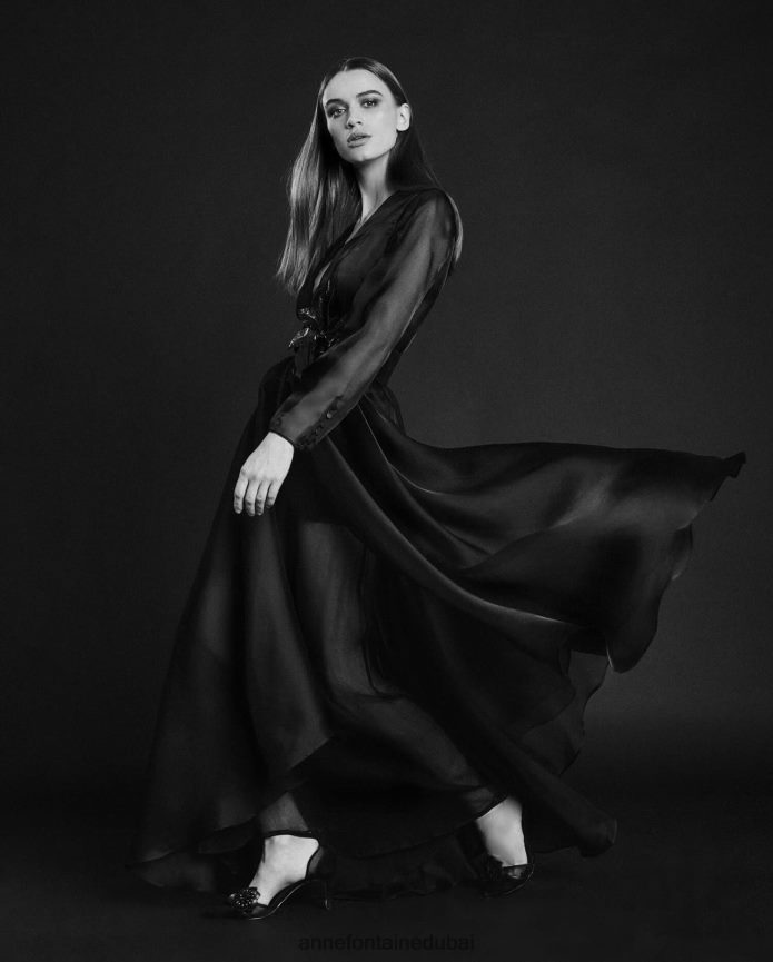 ملابس عبد اللطيف Anne Fontaine نحيف سترة سهرة بفستان Lidoran مقطوعة من الأورجانزا الحريري الشفاف أسود T622DL91