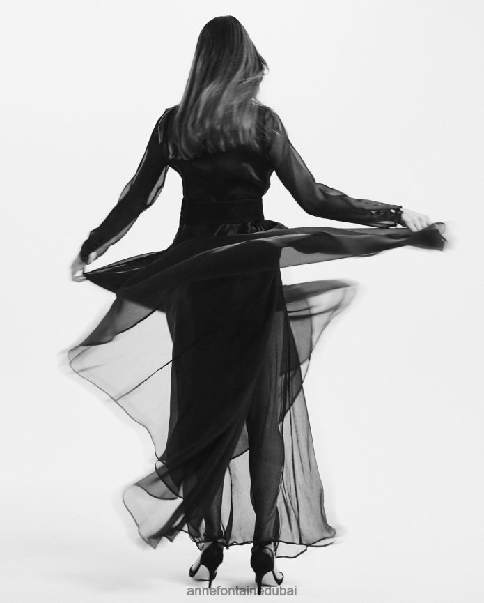 ملابس عبد اللطيف Anne Fontaine نحيف سترة سهرة بفستان Lidoran مقطوعة من الأورجانزا الحريري الشفاف أسود T622DL91