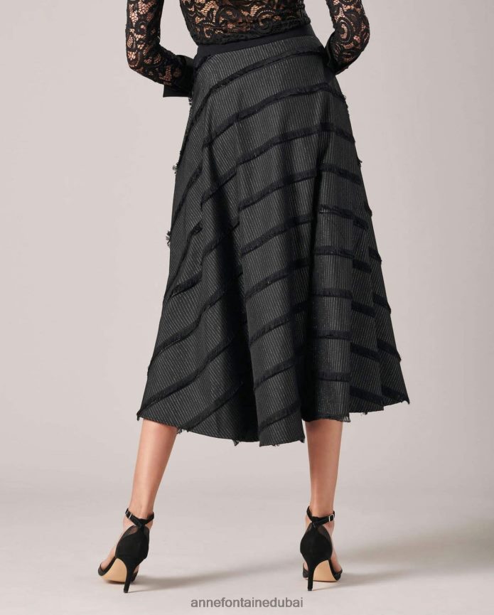 ملابس عبد اللطيف Anne Fontaine نحيف تنورة Locustel تنورة جاكار متوسطة الطول مع هامش مائل أسود T622DL373