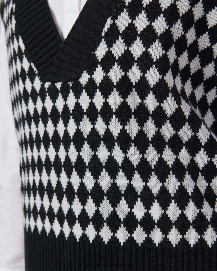 ملابس عبد اللطيف Anne Fontaine نحيف سترة منسوجة بأكمام قصيرة من Mineur مع نمط هاوندزتوث أسود/أبيض T622DL494