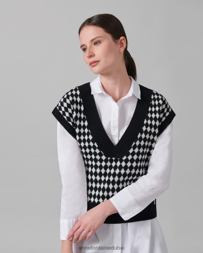 ملابس عبد اللطيف Anne Fontaine نحيف سترة منسوجة بأكمام قصيرة من Mineur مع نمط هاوندزتوث أسود/أبيض T622DL494