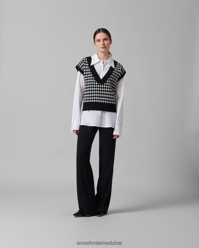 ملابس عبد اللطيف Anne Fontaine نحيف سترة منسوجة بأكمام قصيرة من Mineur مع نمط هاوندزتوث أسود/أبيض T622DL494