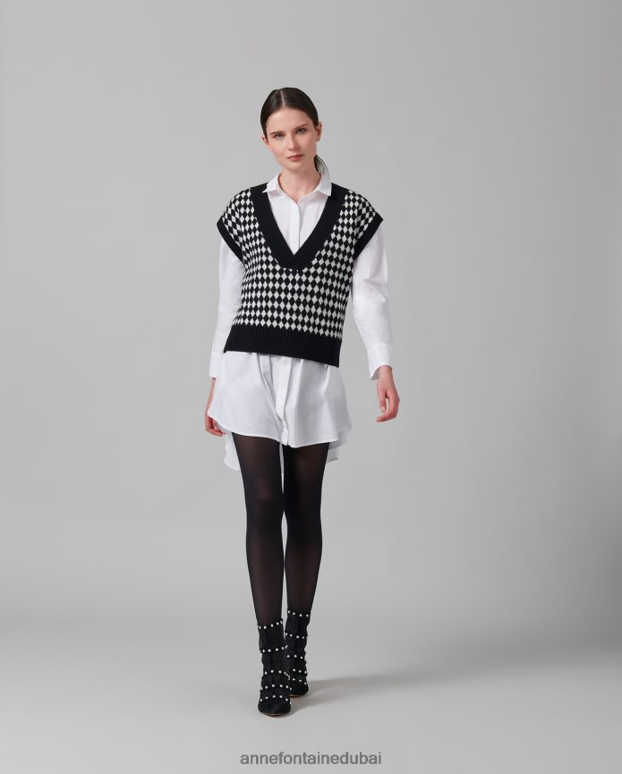 ملابس عبد اللطيف Anne Fontaine نحيف سترة منسوجة بأكمام قصيرة من Mineur مع نمط هاوندزتوث أسود/أبيض T622DL494