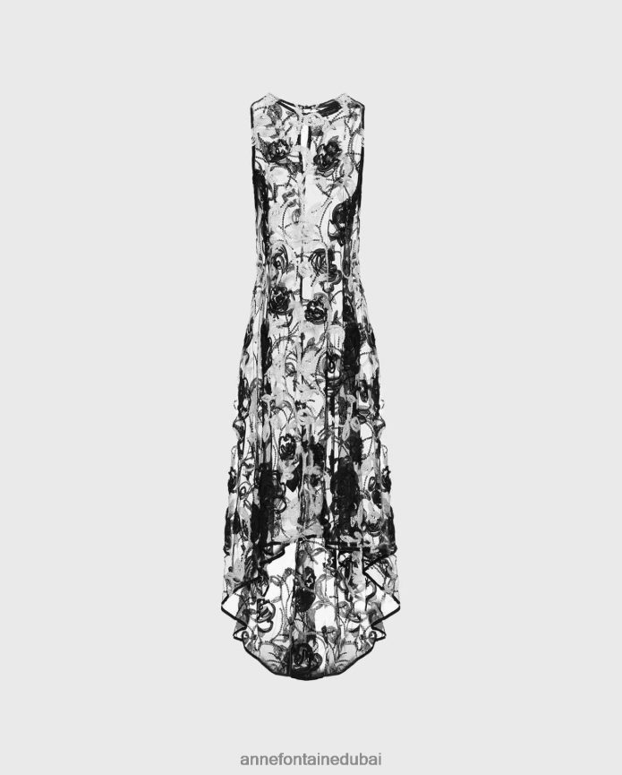 ملابس عبد اللطيف Anne Fontaine نحيف فستان Mitiane فستان طويل شفاف بدون أكمام مع زخارف نباتية مطرزة أسود T622DL87