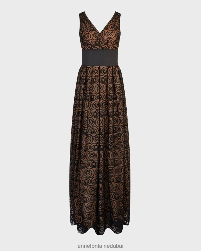 ملابس عبد اللطيف Anne Fontaine نحيف Muse Dress فستان شفاف بدون أكمام مع طبقة شبكية مطرزة بالورود المخملية أسود T622DL103