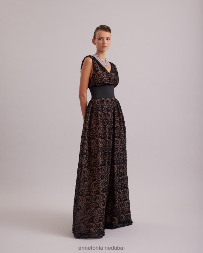 ملابس عبد اللطيف Anne Fontaine نحيف Muse Dress فستان شفاف بدون أكمام مع طبقة شبكية مطرزة بالورود المخملية أسود T622DL103