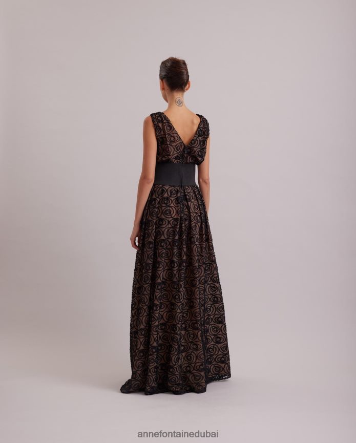 ملابس عبد اللطيف Anne Fontaine نحيف Muse Dress فستان شفاف بدون أكمام مع طبقة شبكية مطرزة بالورود المخملية أسود T622DL103