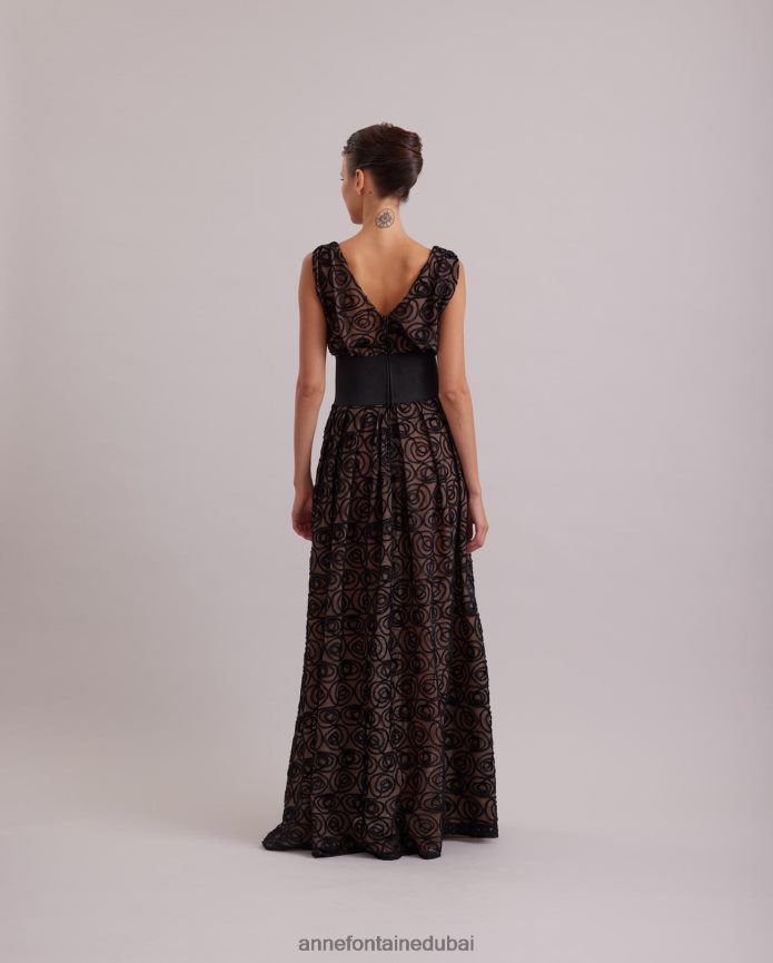 ملابس عبد اللطيف Anne Fontaine نحيف Muse Dress فستان شفاف بدون أكمام مع طبقة شبكية مطرزة بالورود المخملية أسود T622DL103