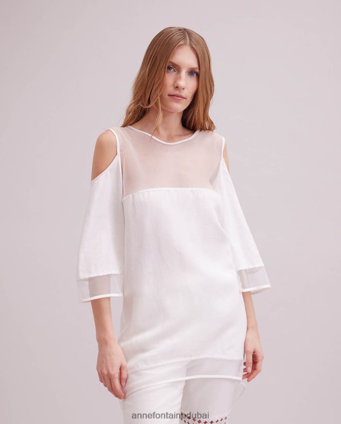 ملابس عبد اللطيف Anne Fontaine نحيف بلوزة من Musee بأكتاف باردة 3/4 كم، بلوزة من الكتان مع حشوات شبكية أبيض T622DL237